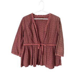 April Cornell Top Size Small Embroidered Eyelet Peplum Tie Front Dusty Rose Boho